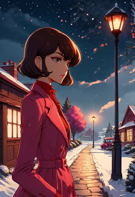 1girl, ((18 years old)), Slim girl,  Flat chest, tiny breasts, narrow waist, wide hips, skinny, tiny, miniscule, petite, small body, small arms, small legs,  
Official Art, Unity 8K Wallpaper, Extreme Detailed, Beautiful and Aesthetic, Masterpiece, Top Quality, perfect anatomy, a beautifully drawn (((ink illustration))) depicting, integrating elements of calligraphy, vintage, PINK and RED accents, watercolor painting, concept art, (best illustration), (best shadow), Analog Color Theme, vivid colours, contrast, smooth, sharp focus, scenery, outdoors, sky, tree, night, building, scenery, snow, reflection, house, winter, fireworks, lamppost, 1girl, coat, narrow skirt, stockings, high heels, short-hair