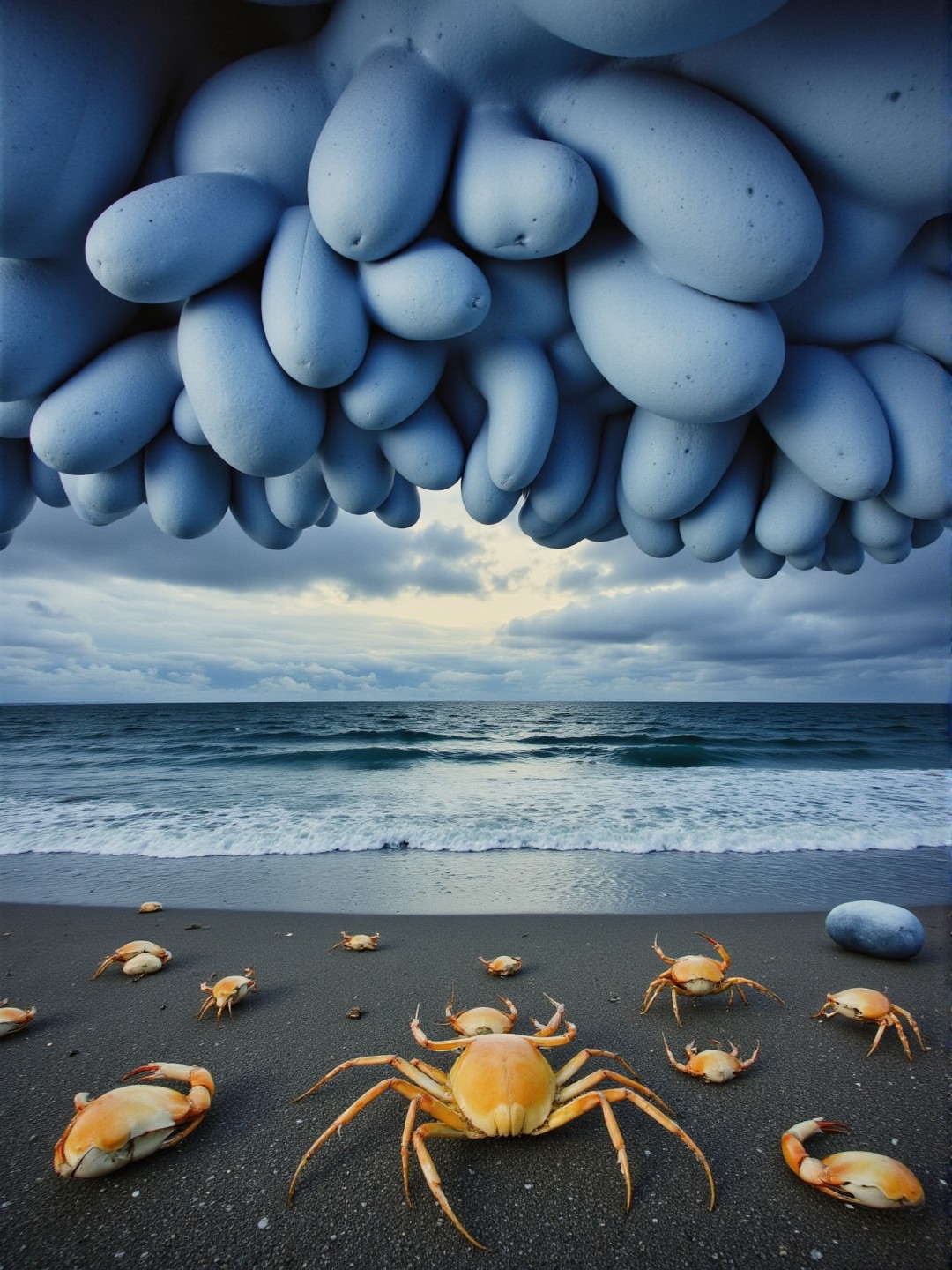 <lora:Florate Flux_v2_epoch_3:0.9> An Icelandic stretched Surrealism photograph  of blue and pacific blue and turmeric scene with many pale bulbous organic shapes. stormy seashore. Crab. People, animals and characters are elongated.