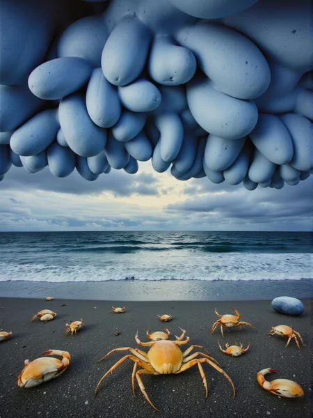 <lora:Florate Flux_v2_epoch_3:0.9> An Icelandic stretched Surrealism photograph of blue and pacific blue and turmeric scene with many pale bulbous organic shapes. stormy seashore. Crab. People, animals and characters are elongated.