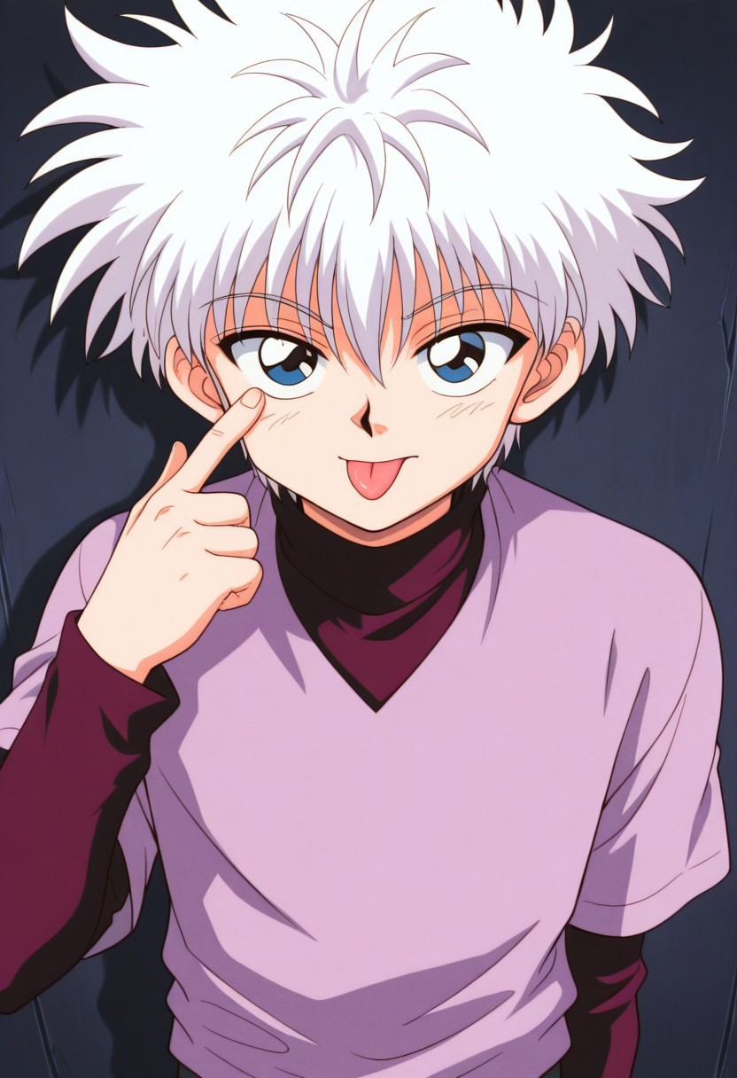 masterpiece,best quality,amazing quality, source_anime, retro_artstyle,
KiruaZorudikku, 1boy, male focus, solo, blue eyes, white hair, red shirt, turtleneck, purple shirt, short over long sleeves, akanbe, tongue out, eyelid pull, finger to eyelid, looking at viewer,