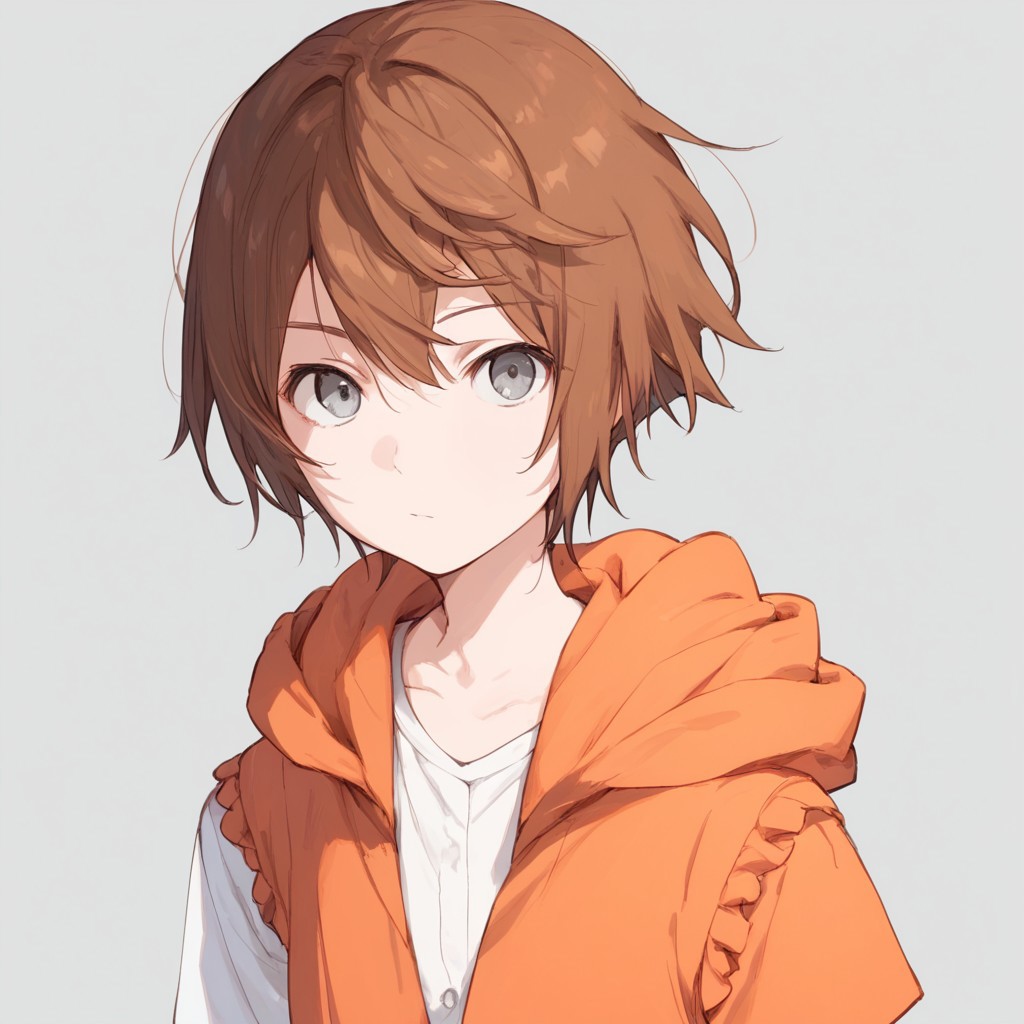 anime coloring, score_9, score_8_up, score_7_up, score_6_up, kinuhata saiai, toaru, 1girl, hood, solo, brown hair, hoodie, short hair, orange hoodie, :<, sleeveless hoodie, looking at viewer, gray eyes, white shirt, upper body