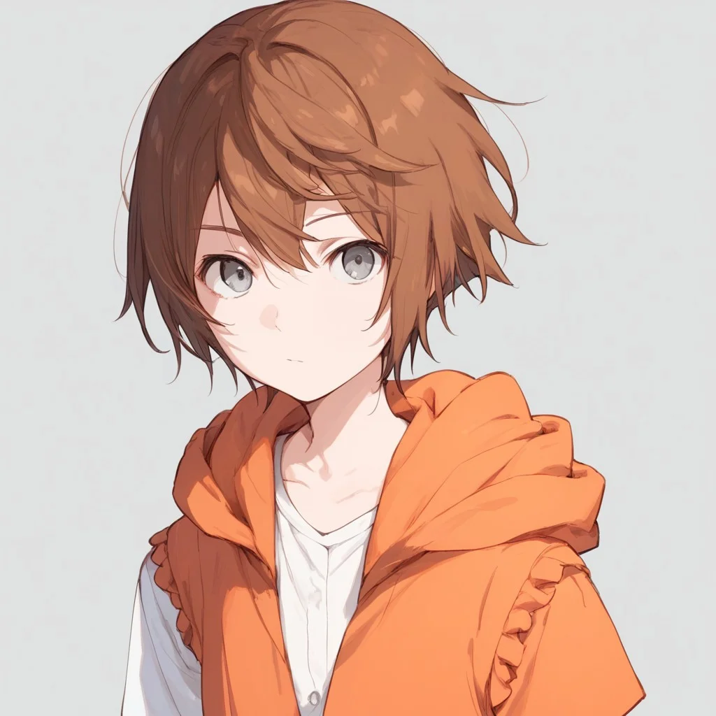 anime coloring, score_9, score_8_up, score_7_up, score_6_up, kinuhata saiai, toaru, 1girl, hood, solo, brown hair, hoodie, short hair, orange hoodie, :<, sleeveless hoodie, looking at viewer, gray eyes, white shirt, upper body