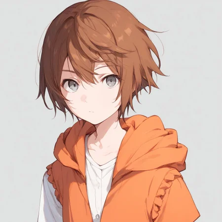 anime coloring, score_9, score_8_up, score_7_up, score_6_up, kinuhata saiai, toaru, 1girl, hood, solo, brown hair, hoodie, short hair, orange hoodie, :<, sleeveless hoodie, looking at viewer, gray eyes, white shirt, upper body