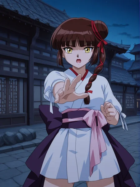absurdres,highres,masterpiece,best quality,amazing quality,outdoors,
foreshortening,(anime screencap:0.5),(VPMTV97 \(style\):0.8),
looking at viewer,dynamic pose,
night,east asian architecture,town,
open mouth,((cowboy shot,close-up)),
standing,fighting stance,one hand up,reaching towards viewer,
BREAK
<lora:vampire_princess_miyu_illuV01_b3g2plw09c08_d16a8_lr1600_rvs:1>,
Miyu_VPMTV,brown hair,long hair,red tress ribbon,single side bun,single braid,hair over shoulder,blunt bangs,yellow eyes,white short kimono,puffy sleeves,three-quarter sleeves,white sleeve cuff ribbon,pink waist ribbon,purple sash,purple back bow,