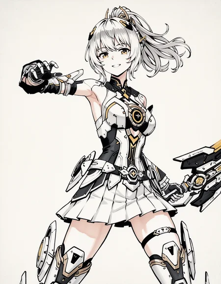 <lora:mai_pgr_nanami_mxzj:0.6>,mai_pgr_nanami_mxzj,1girl,solo,breasts,looking_at_viewer,skirt,gloves,thighhighs,closed_mouth,ponytail,pleated_skirt,boots,thigh_strap,holding_sword,thigh_boots,headgear,science_fiction,joints,mecha_musume,robot_joints,mechanical_legs,armpit_cutout,
cowboy shot,<lora:chines_Ink_painting_IL_MIX:1.5>,wuguanzhong,zhang daqian,qi baishi,painting \(medium\),traditional media,simple background,partially colored,negative space,limited palette,grin,dynamic pose,