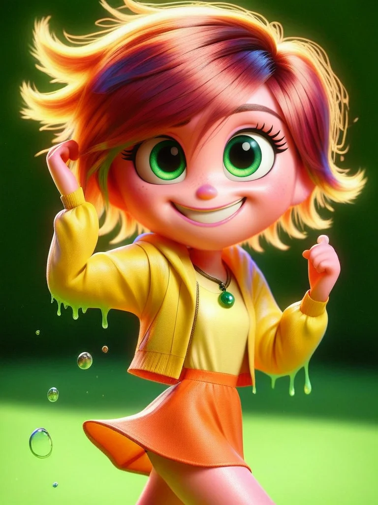 score_9, score_8_up, score_7_up, score_6_up, 1girl, colored skin, pink skin, cute girl with green slime, (pink short hair, green eyes, fluffy hair, happy), orange short dress, bare legs ,big yellow jacket, green pendant, looking at viewer, cowboy shot, dynamic pose, smile, cute, wide shot, solo, dutch angle, detailed background, slime \(substance\), forest, splash art,
cartoon, <lora:InsideOutCH_Style:1> InsideOutXLP, chibi,