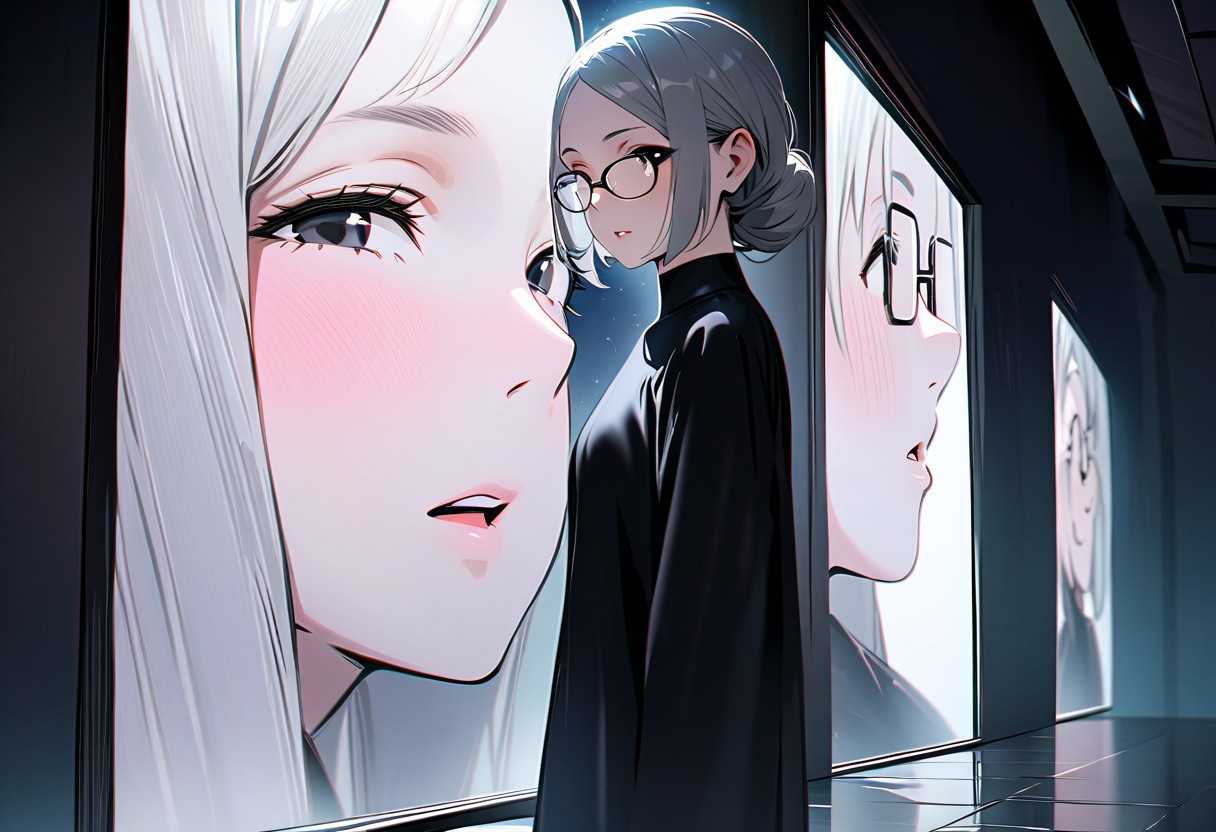 (graphic novel style, dark novel style:1.5),(anime), (masterpiece:1.4), (soft cinematic light:1.1), incredibly lifelike, Extremely high-resolution details, 8k, best quality,extremely detailed, contrast,
high tech design,
 gallery of contemporary art, inside, a old woman walking against the backdrop of a giant floor-to-ceiling window, through which one can see a city landscape with skyscrapers and a sunset ,fullbody, open mouth, one ((elderly)) woman in a ((black long dress)) and black high-heeled shoes, elderly, old woman, [Nordic], Hourglass elongated body, Oval Face, Long neck, Rounded shoulders, long slim thin arms, Attached Pointed ears, round forehead, (gray Updo short combed back hair), snub nose, Arched eyebrows, Monolid black Eyes, High Round Narrow cheekbones, Hollow Cheeks, Rounded Chin, Rounded Jawline, thin Lips, (black eyes), (square glasses), Wrinkles and Fine Lines, a large white canvas at the wall,