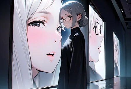(graphic novel style, dark novel style:1.5),(anime), (masterpiece:1.4), (soft cinematic light:1.1), incredibly lifelike, Extremely high-resolution details, 8k, best quality,extremely detailed, contrast,
high tech design,
 gallery of contemporary art, inside, a old woman walking against the backdrop of a giant floor-to-ceiling window, through which one can see a city landscape with skyscrapers and a sunset ,fullbody, open mouth, one ((elderly)) woman in a ((black long dress)) and black high-heeled shoes, elderly, old woman, [Nordic], Hourglass elongated body, Oval Face, Long neck, Rounded shoulders, long slim thin arms, Attached Pointed ears, round forehead, (gray Updo short combed back hair), snub nose, Arched eyebrows, Monolid black Eyes, High Round Narrow cheekbones, Hollow Cheeks, Rounded Chin, Rounded Jawline, thin Lips, (black eyes), (square glasses), Wrinkles and Fine Lines, a large white canvas at the wall,