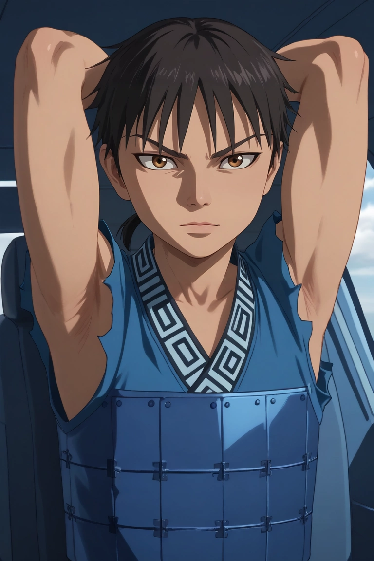 score_9, score_8_up, score_7_up, , rating_safe, intricate details, semi-realistic, looking at viewer, , 1boy, solo, male focus, <lora:xin_kingdom_pony:0.94>, xin_kingdom, black hair, brown eyes, short hair, low ponytail, aged down, armor, close-up, plane, dusk, arms behind head, relaxed, , <lora:sdxl_lightning_8step_lora:1>