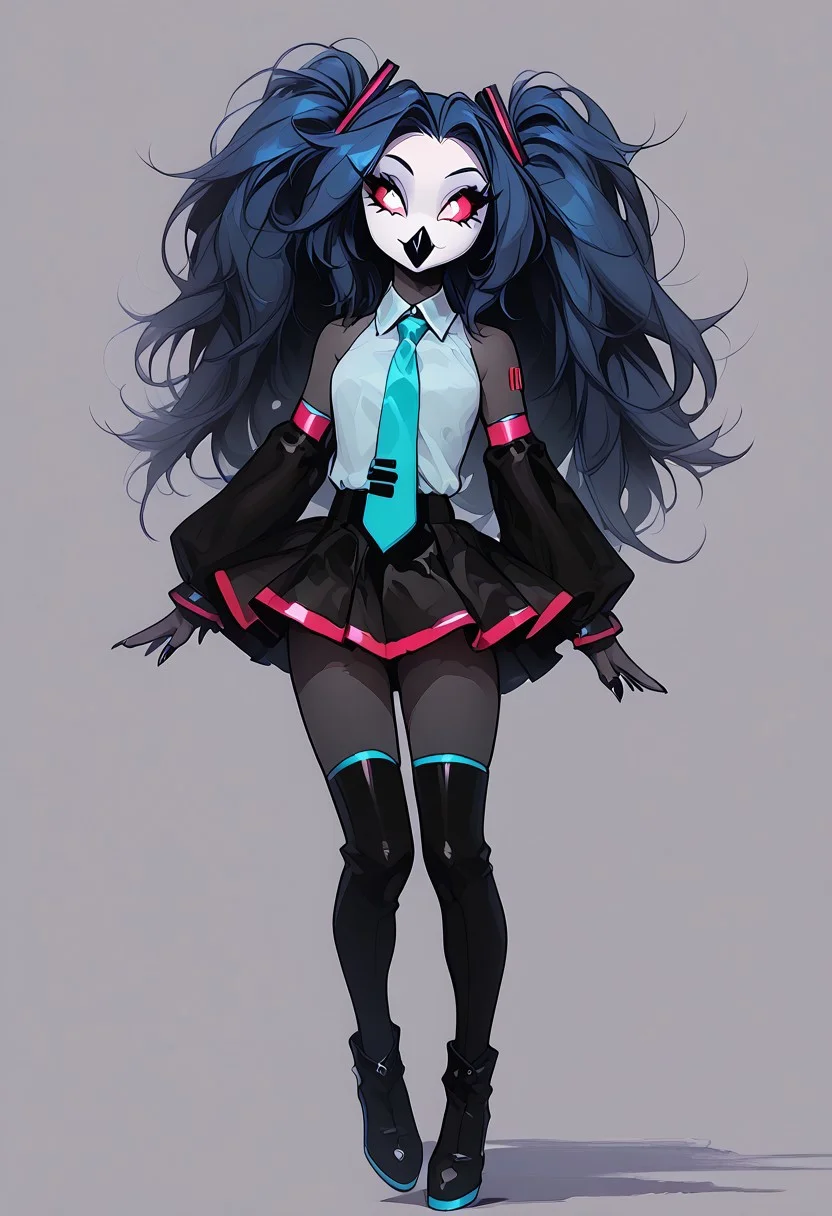 score_9, score_8_up, score_7_up, score_6_up, 1girl, solo, octavia, octavia, avian bird demon owl owl_demon, beak, red sclera, from hellova boss, anthro furry, long blue hair, twin tails, holding microphone, perfect face, perfecteyes, sexy, sexy girl, beautiful eyes, dancing, dynamic angle, full body shot, red eyes, glowing eyes, pop star, singing, <lora:hatsune-miku-cosplay-ponyxl-lora-nochekaiser:1>, hatsunemikucosplay, hatsune miku \(cosplay\), aqua necktie, black footwear, black skirt, black sleeves, boots, collared shirt, detached sleeves, grey shirt, necktie, pleated skirt, shirt, skirt, sleeveless, sleeveless shirt, thigh boots, tie clip,