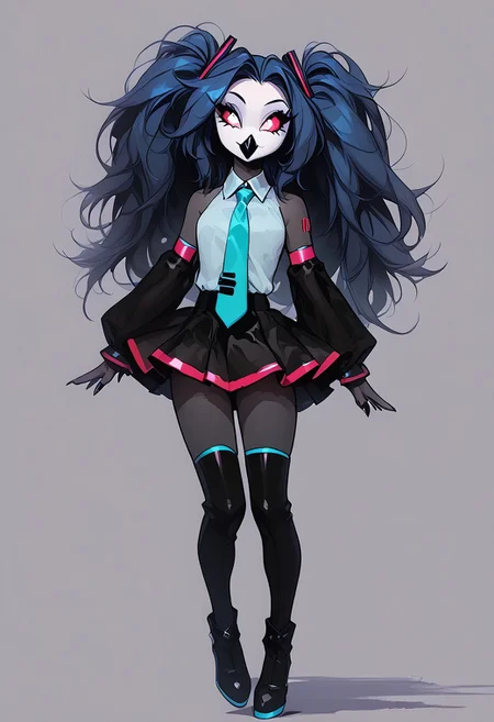 score_9, score_8_up, score_7_up, score_6_up, 1girl, solo, octavia, octavia, avian bird demon owl owl_demon, beak, red sclera, from hellova boss, anthro furry, long blue hair, twin tails, holding microphone, perfect face, perfecteyes, sexy, sexy girl, beautiful eyes,  dancing, dynamic angle, full body shot, red eyes, glowing eyes, pop star, singing, <lora:hatsune-miku-cosplay-ponyxl-lora-nochekaiser:1>, hatsunemikucosplay, hatsune miku \(cosplay\), aqua necktie, black footwear, black skirt, black sleeves, boots, collared shirt, detached sleeves, grey shirt, necktie, pleated skirt, shirt, skirt, sleeveless, sleeveless shirt, thigh boots, tie clip,
