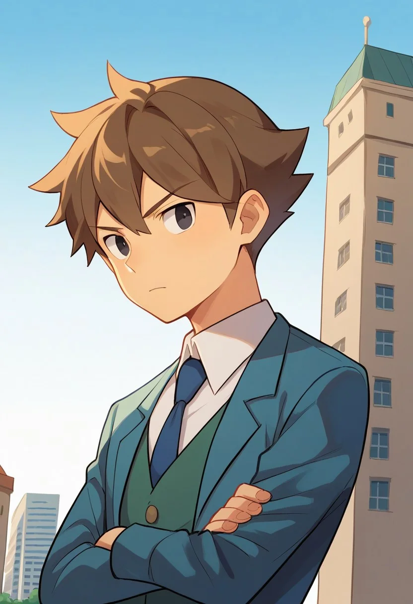 score_9, score_8_up, score_7_up, source_anime, highly detailed,
clive, solo, 1boy, male focus, brown hair, upper body, necktie, crossed arms, standing,
black eyes, blue necktie, jacket, blue jacket, vest, green vest,
outdoor, sky, building