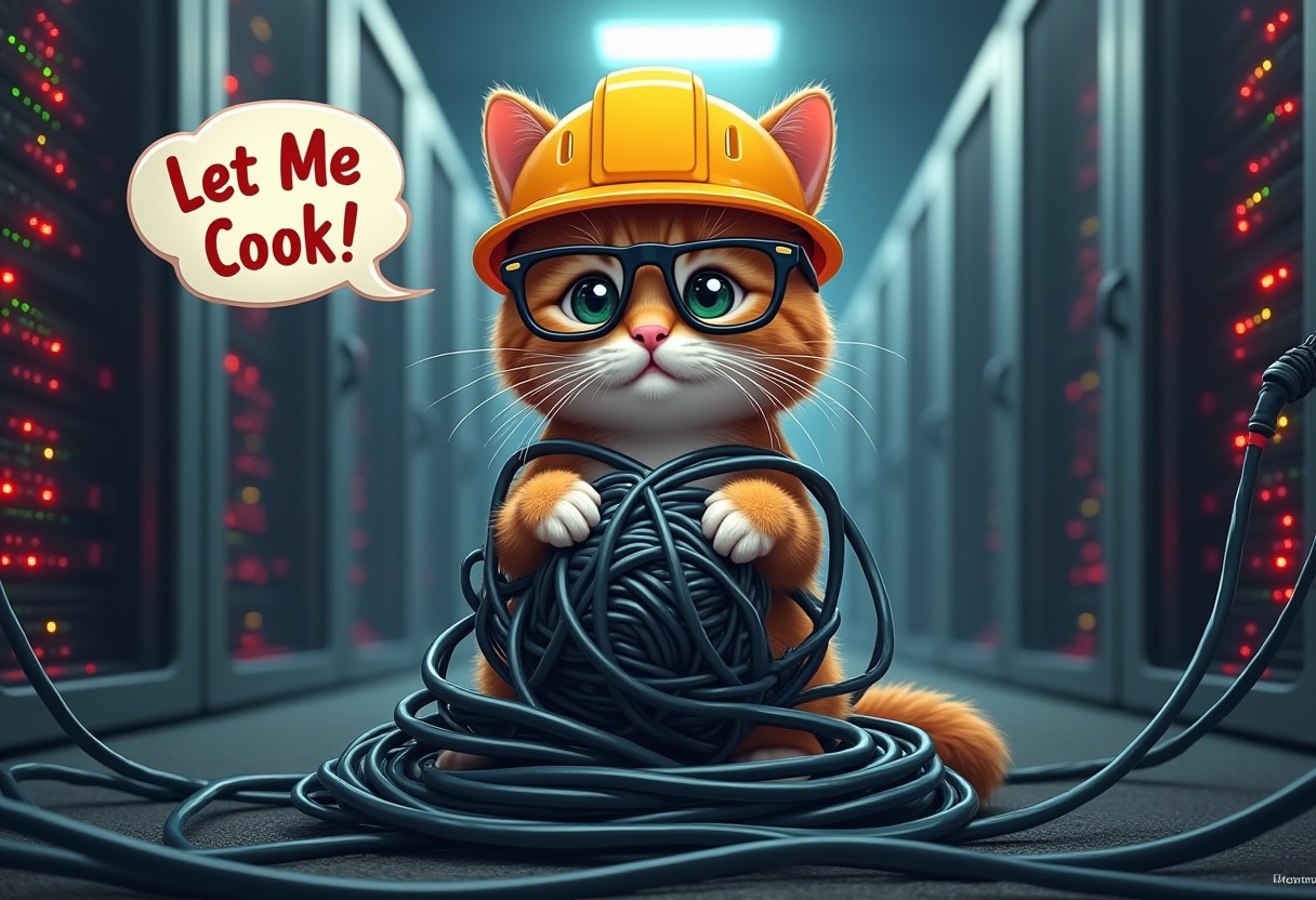 realistic picture of a cute kitty with security glasses and a yellow hard safety hat looking into the camera wrapped in network cables and a holding a ball of wires in his paws, sitting atop a pile of wires plugged to server racks and a mess of wires hanging in a web the emtire room, inside a datacenter server room with red, yellow and green led lights blinking in the server racks in the background, a cartoon text bubble floating beside the kitty with the text "Let Me Cook!"