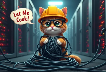 realistic picture of a cute kitty with security glasses and a yellow hard safety hat looking into the camera wrapped in network cables and a holding a ball of wires in his paws, sitting atop a pile of wires plugged to server racks and a mess of wires hanging in a web the emtire room, inside a datacenter server room with red, yellow and green led lights blinking in the server racks in the background, a cartoon text bubble floating beside the kitty with the text "Let Me Cook!"