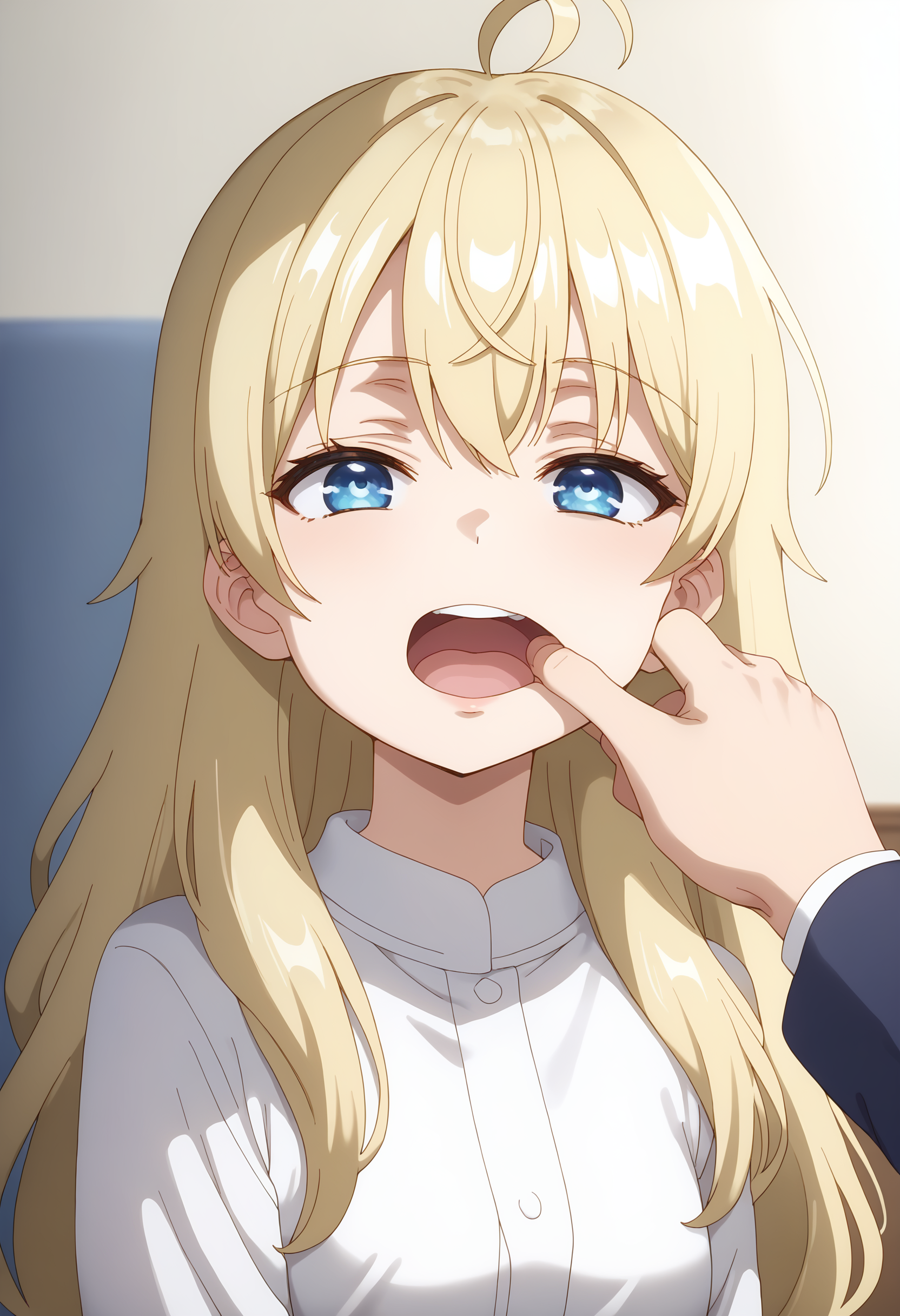 score 7 up, solo, source anime, 1girl, , <lora:ASHHFiR_MashaXLpony001:1> Masha, ahoge, blonde hair, long hair, blue eyes, , <lora:_sdxl-fingercandy-pony:1> fingercandy,,