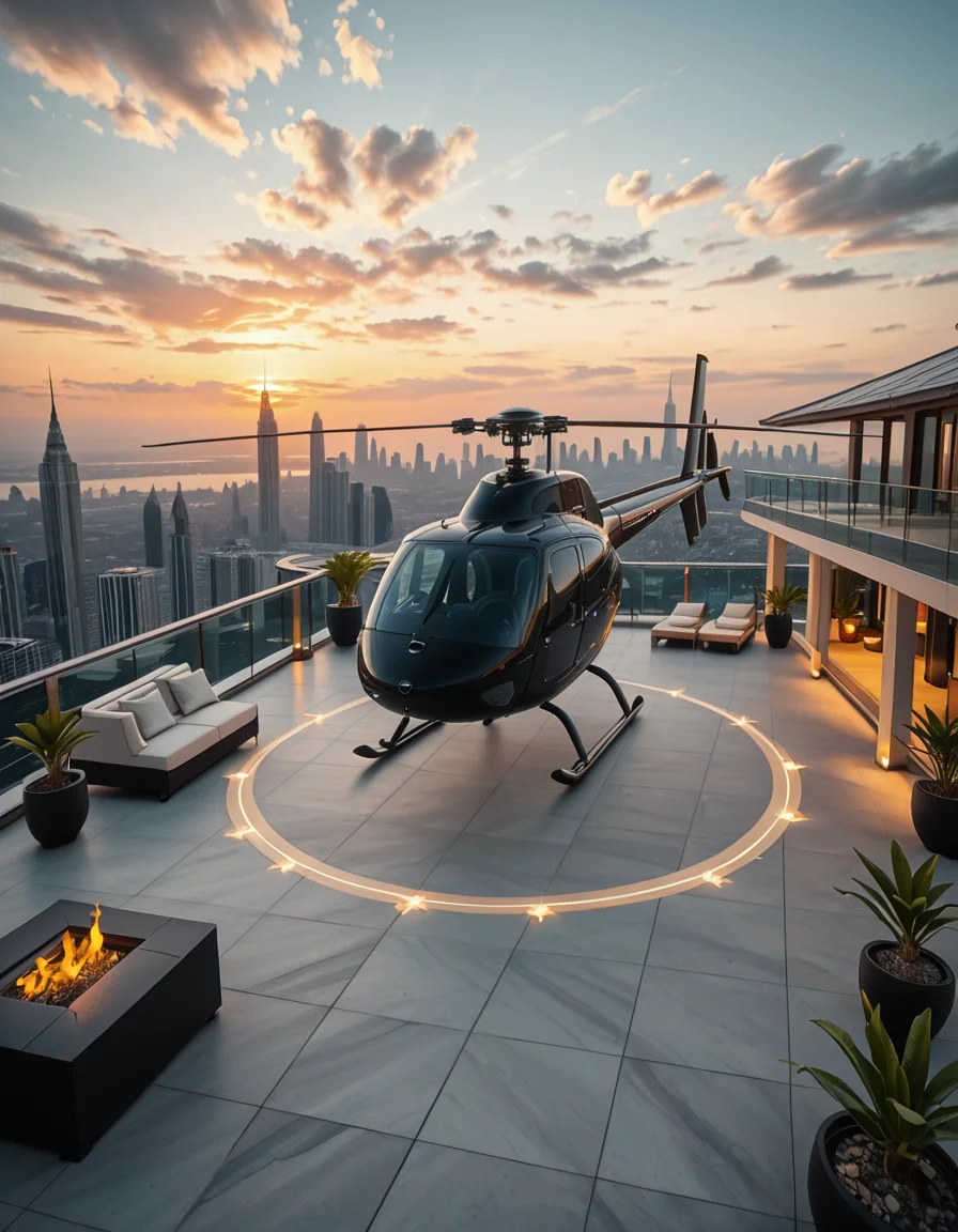A high-resolution photo of a luxurious rooftop of a five-star hotel at sunset, featuring a sleek helipad with a high-end, matte-black private helicopter elegantly parked. The rooftop is designed with ultra-modern architecture, featuring a spacious terrace with infinity-edge glass railings, ambient lighting, and a panoramic city skyline in the background. The surface of the helipad is clean, polished concrete with clear illuminated markings. Surrounding the helipad, there are lounge areas with modern outdoor furniture, minimalist fire pits, and decorative planters with tropical greenery. The lighting is warm and golden, casting soft shadows and highlighting the contours of the helicopter and the textures of the rooftop. The sky is dramatic, painted with hues of orange, pink, and violet, creating a cinematic atmosphere of luxury and exclusivity. The overall mood is elite, calm, and aspirational, showcasing the ultimate in urban luxury lifestyle.
<lora:SDXLFaeTastic2400:0.4> <lora:extremely_detailed:0.4> extremely detailed,helipad r00ft0p <lora:helipad_r00ft0p-i:1>, Masterpiece,best quality,hi res,8k,hi res,8k,award winning,(sharp focus, intricate, highly detailed),