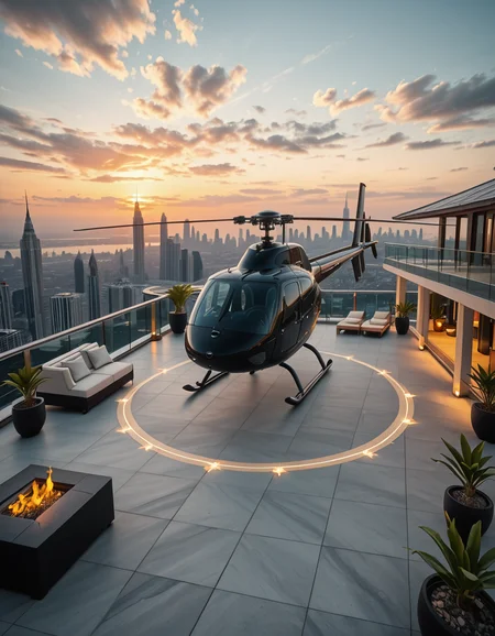 A high-resolution photo of a luxurious rooftop of a five-star hotel at sunset, featuring a sleek helipad with a high-end, matte-black private helicopter elegantly parked. The rooftop is designed with ultra-modern architecture, featuring a spacious terrace with infinity-edge glass railings, ambient lighting, and a panoramic city skyline in the background. The surface of the helipad is clean, polished concrete with clear illuminated markings. Surrounding the helipad, there are lounge areas with modern outdoor furniture, minimalist fire pits, and decorative planters with tropical greenery. The lighting is warm and golden, casting soft shadows and highlighting the contours of the helicopter and the textures of the rooftop. The sky is dramatic, painted with hues of orange, pink, and violet, creating a cinematic atmosphere of luxury and exclusivity. The overall mood is elite, calm, and aspirational, showcasing the ultimate in urban luxury lifestyle.
<lora:SDXLFaeTastic2400:0.4> <lora:extremely_detailed:0.4> extremely detailed,helipad r00ft0p <lora:helipad_r00ft0p-i:1>, Masterpiece,best quality,hi res,8k,hi res,8k,award winning,(sharp focus, intricate, highly detailed),