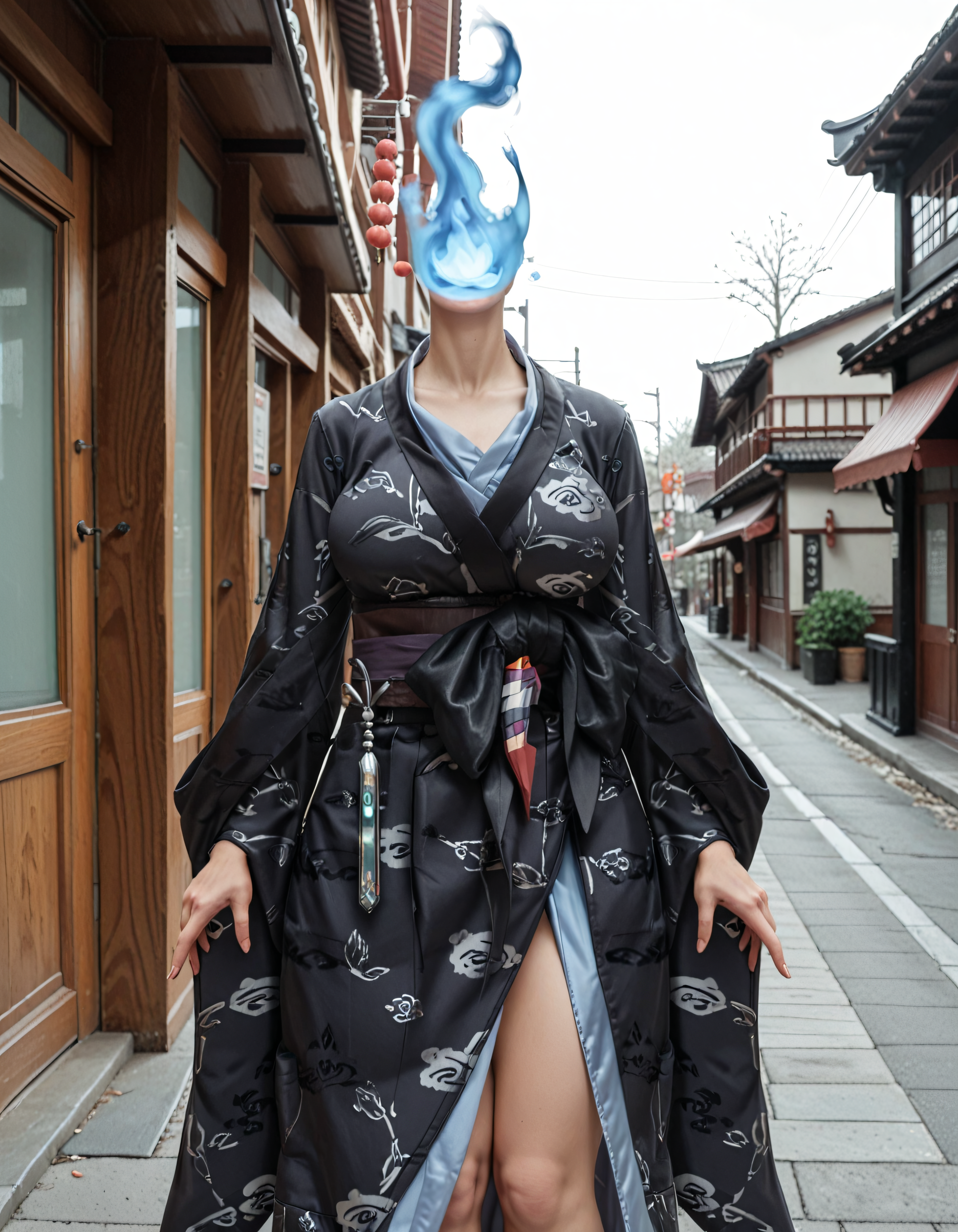 score_9, score_8_up, score_7_up, score_6_up, raw photo, source_realistic, 3/4 body, <lora:dullachann-pxl:1>, dullachann, 1girl, solo, japanese clothes, kimono,standing in a Japanese city, blue fire, fire, sash, collarbone, obi, standing, black kimono, wide sleeves, long sleeves, headless
