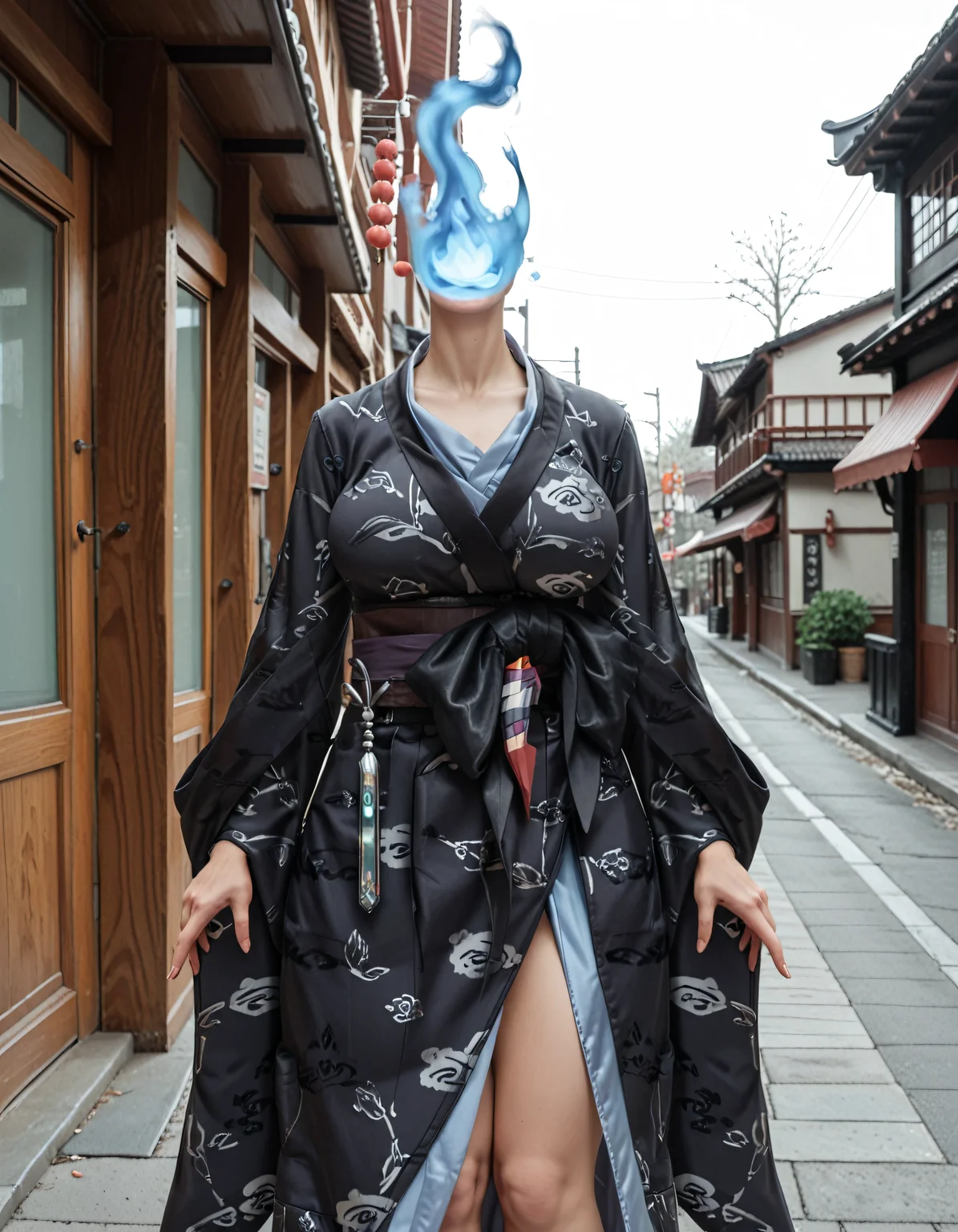 score_9, score_8_up, score_7_up, score_6_up, raw photo, source_realistic, 3/4 body, <lora:dullachann-pxl:1>, dullachann, 1girl, solo, japanese clothes, kimono,standing in a Japanese city, blue fire, fire, sash, collarbone, obi, standing, black kimono, wide sleeves, long sleeves, headless