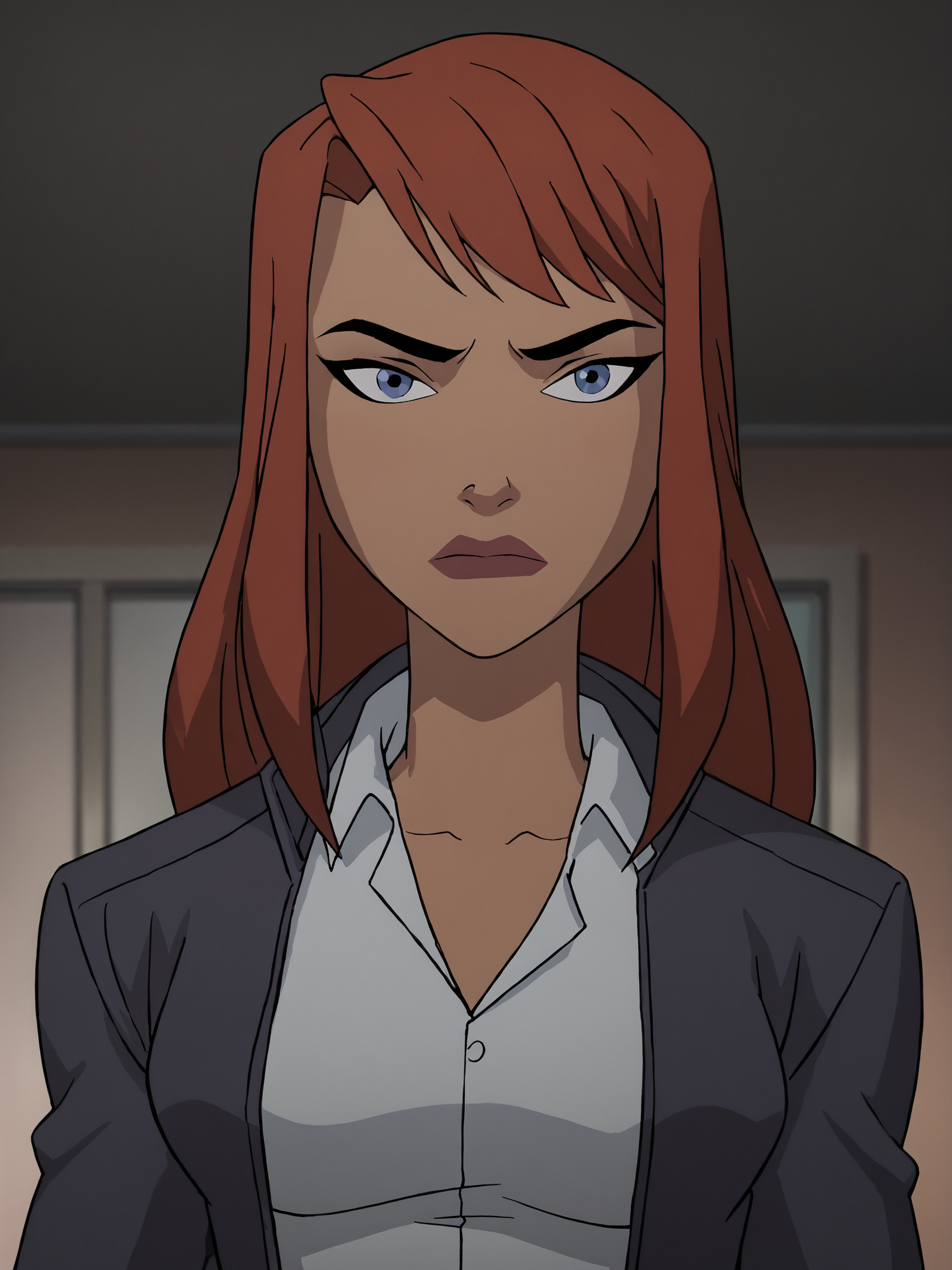<lora:BatgirlPony1.0:1> BarbaraG, solo, 1girl, looking at viewer, long hair, red hair, blue eyes, shirt, upper body, closed mouth, collared shirt, jacket, breasts, white shirt,   looking at viewer, score_9, score_8_up, score_7_up, score_6_up, score_5_up, score_4_up
