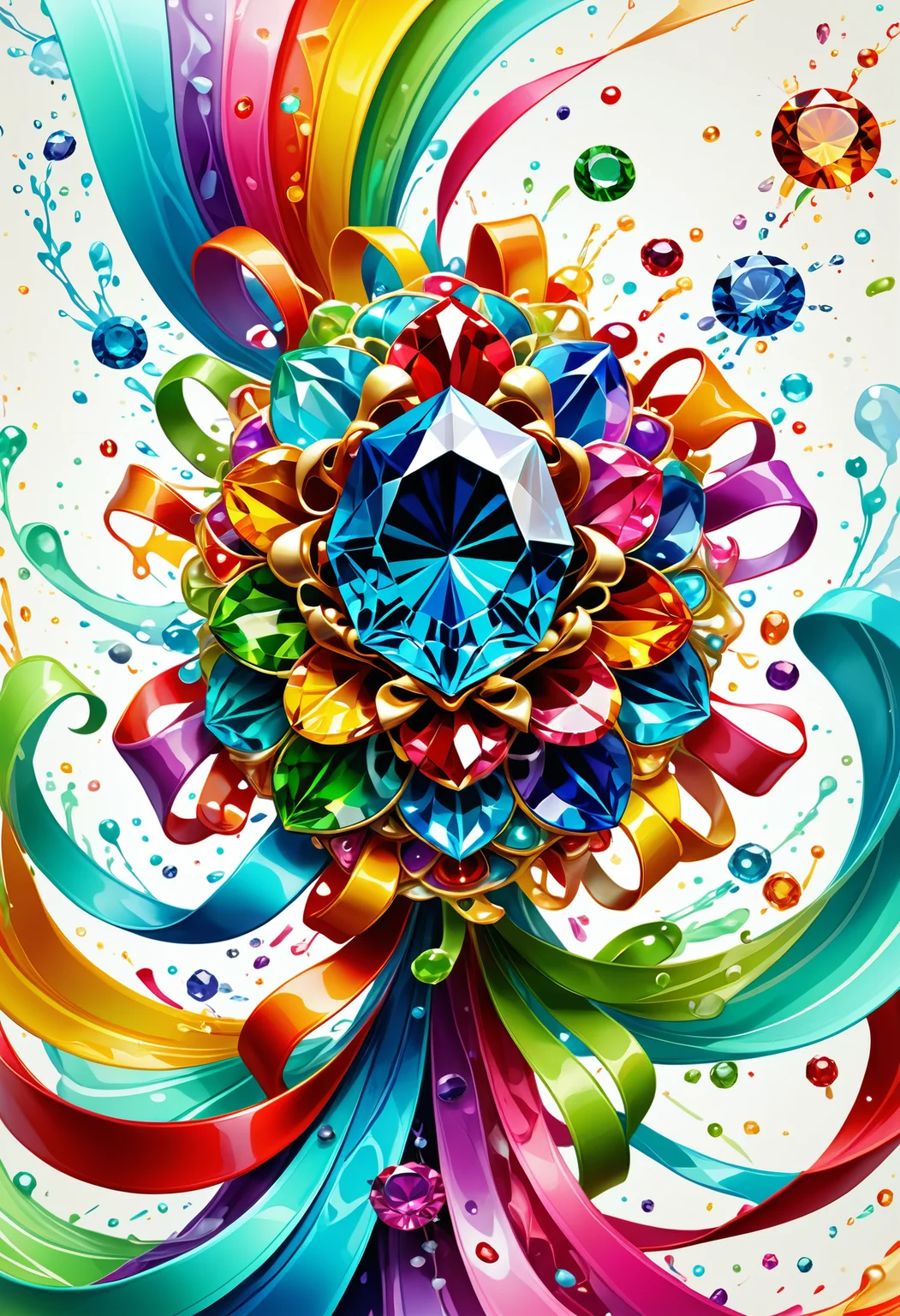 small centered composition, product shot, plain background, wallpaper art, in the center is an image of a Gem with ribbons unattractive, contemporary, full color, artistic, perfect composition, gorgeous, exquisite color, Jed-Splash, colourful, <lora:ColourfulStyle:0.7>
