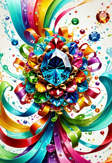small centered composition, product shot, plain background, wallpaper art, in the center is an image of a Gem with ribbons unattractive, contemporary, full color, artistic, perfect composition, gorgeous, exquisite color, Jed-Splash, colourful, <lora:ColourfulStyle:0.7>