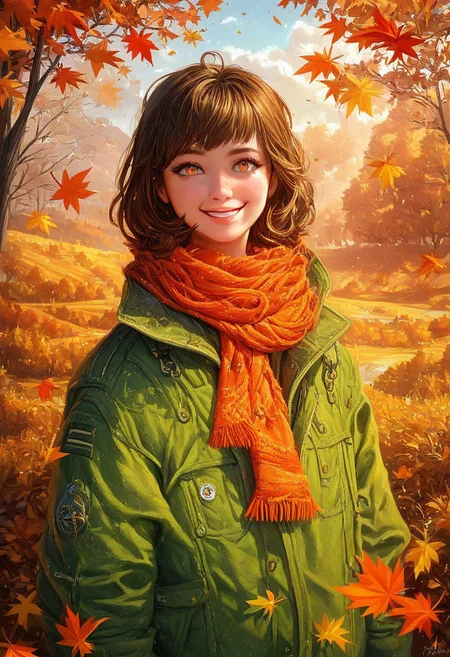rinotuna, score_9, score_8_up, score_7_up, score_6_up, Vibrant anime illustration featuring a woman with flowing brown hair, dressed in a green coat and orange scarf, surrounded by an autumn landscape with colorful leaves and trees, expressive eyes and smiling face, detailed clothing textures, soft and warm lighting, digital painting, whimsical and cozy atmosphere, leaves fluttering around, dynamic composition, high detail