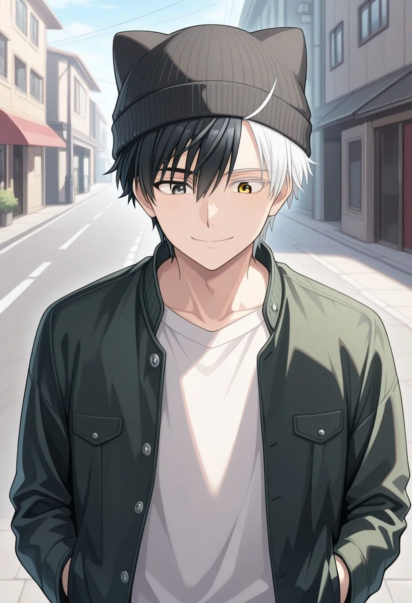 masterpiece,best quality,amazing quality, source_anime,
sakuharuka, 1boy, male focus, solo, heterocromia, grey eyes, yellow eyes, split-color hair, black hair, white hair, shirt, sweater, jacket, hat, beanie, animal hat, smile, cute, outdoor, street,