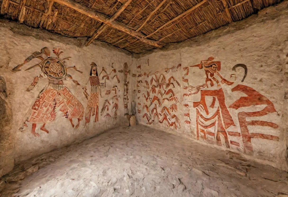 photograph, neolithic village, house with painted walls in neolithic style, neolithic art, high quality photography, 4k, Canon EOS R3, hdr, smooth, sharp focus, high resolution, award winning photo,