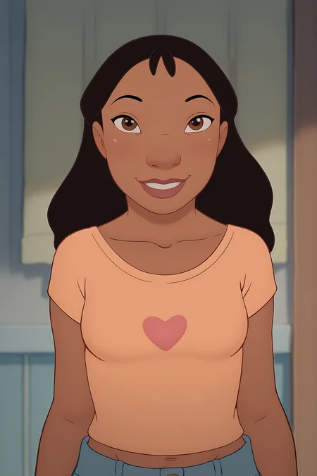 score_9, score_8_up, score_7_up, score_6_up, source_anime, BREAK, NaniPelekaiLSXL, mature female, dark skin, brown eyes, black hair, long hair, bangs, small breasts, collarbone, orange midriff, short slevees, single heart print, solo, front view, (portrait, upper body), solo focus, seductive smile, looking at viewer, indoors <lora:NaniPelekaiLSXL:1>