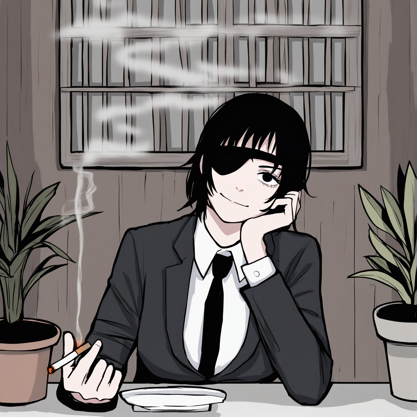 himeno \(chainsaw man\),1girl,cigarette,holding cigarette,eyepatch,black hair,necktie,black necktie,solo,looking at viewer,holding,shirt,collared shirt,white shirt,smile,short hair,indoors,elbow rest,head rest,hand on own face,formal,plant,smoking,potted plant,sitting,suit,long sleeves,closed mouth,table,restaurant,hand on own cheek,breasts,head tilt,
<lora:RUSTYLAKE-noob10-v1-000045>,masterpiece,best quality,amazing quality,very aesthetic,highres,absurdres,