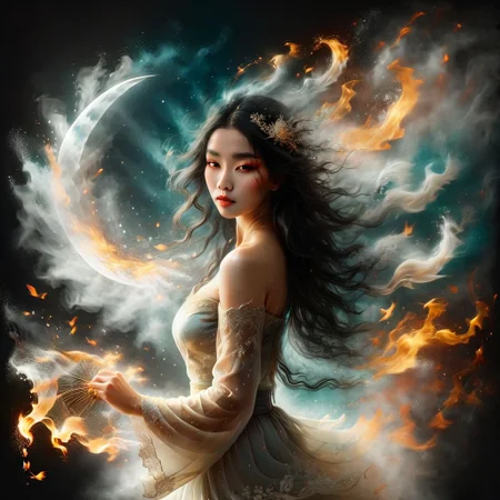 (Masterpiece, high quality, best quality, official art, beauty and aesthetics:1.2), composed of fire elements, extremely detailed Alcohol ink, windy, beautiful Chinese goddess wearing a dissolving hanfu in flames, silhouetted and backlit by the light of a huge full moon. Holding a delicate, transparent, burning fan. Back light highlights her long, wavy black hair. A long, delicate, transparent, ornate, intricate silk gown caught by the breeze trails out around her. The gown is on fire, giving off flames and sparks, and dissolves into tendrils and swirls of smoke dispersing in the breeze. Rim lighting highlights her diaphanous gown. Long tresses of swirling black hair, luxurious and wavy, backlit by the light of the full moon, with rim lighting highlighting its intricate details. A delicate, transparent kung fu fan, elaborately decorated with lace and floral patterns, on fire. She fans the smoke, and sparks. A black background with a huge full moon provides ethereal backlighting, shining through the silk gown and hair of the goddess. A mystical night scene with flowing light strands and sparks against a black background. Swirling particles of light surround the goddess. Dominant colors of cream, amber, scarlet, ember, teal, and black, creating a beautiful, mysterious, and ethereal atmosphere.