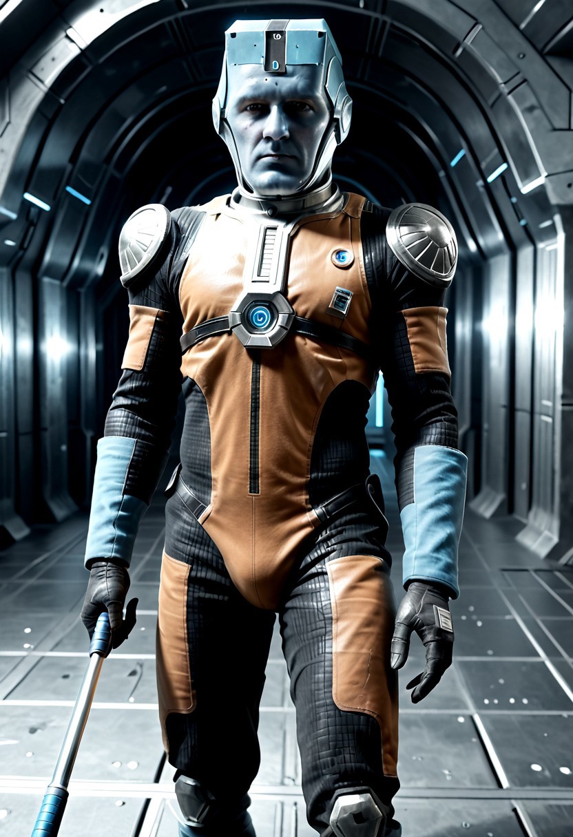 Corpus crewman in a spaceship corridor, science fiction,  dramatic shot, male focus, 1boy, male corpus crewman wearing corpus crewman helmet,  robot, rectangular helmet, blue light bar on helmet, brown and black corpus crewman suit, (helmet with hard edges, helmet with a flat front face, helmet with hard corners, helmet with blue light strip), black shoulder pad, tubes from metal chest plate, black gloves with silver palms, blue circle near hips,  metal bands below fore arm, fit, athletic build, square patch on thigh, holding electric baton,
realistic texture, realism, best quality, 
Corpus, corpus crewman, Tan and black corpus suit, corpus tileset,    Corpus helmet, wearing helmet, wearing corpus helmet, moa in the background, two legged robot in the background,