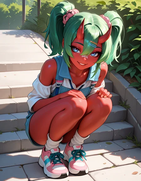 masterpiece, best quality, very aesthetic, absurdres,
outdoors,
full body, seductive smile, parted lips, long eyelashes,
<lora:Nemia_v01_NAIXL:1>,
N4m14,1girl,solo,green hair,oni horns,twintails,hair ornament,hairclip,hair between eyes,blue eyes,bandaid on face,colored skin,red skin,
