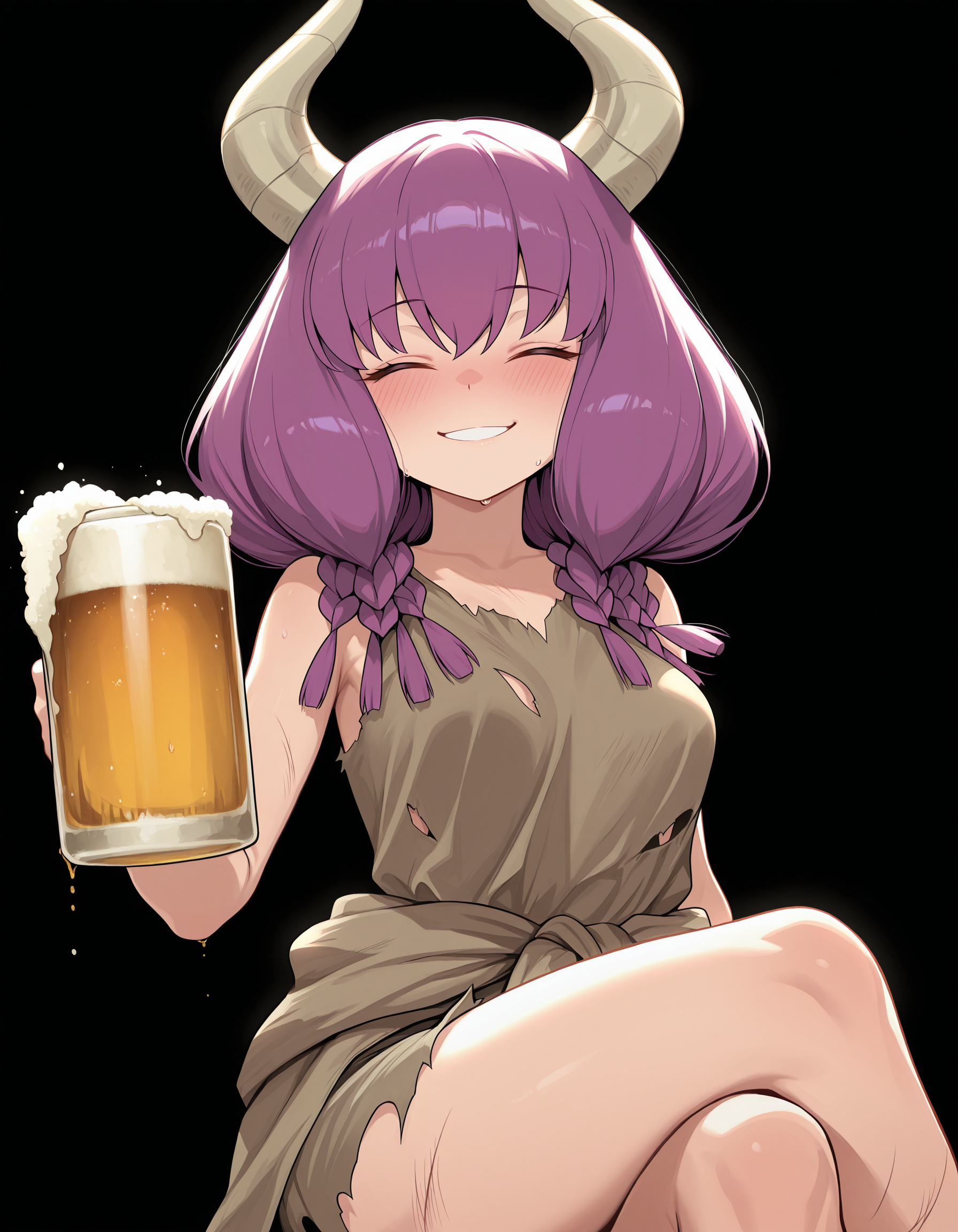 <lora:Aura:1>aur4, demon horns, demon girl, braid, multiple braids, purple hair, low-braided long hair, 
sleeveless, rags, torn clothes, crossed legs, holding one beer mug, blush, closed eyes, smile, 
(solid black background:1.4), simple background,, masterpiece, best quality, amazing quality