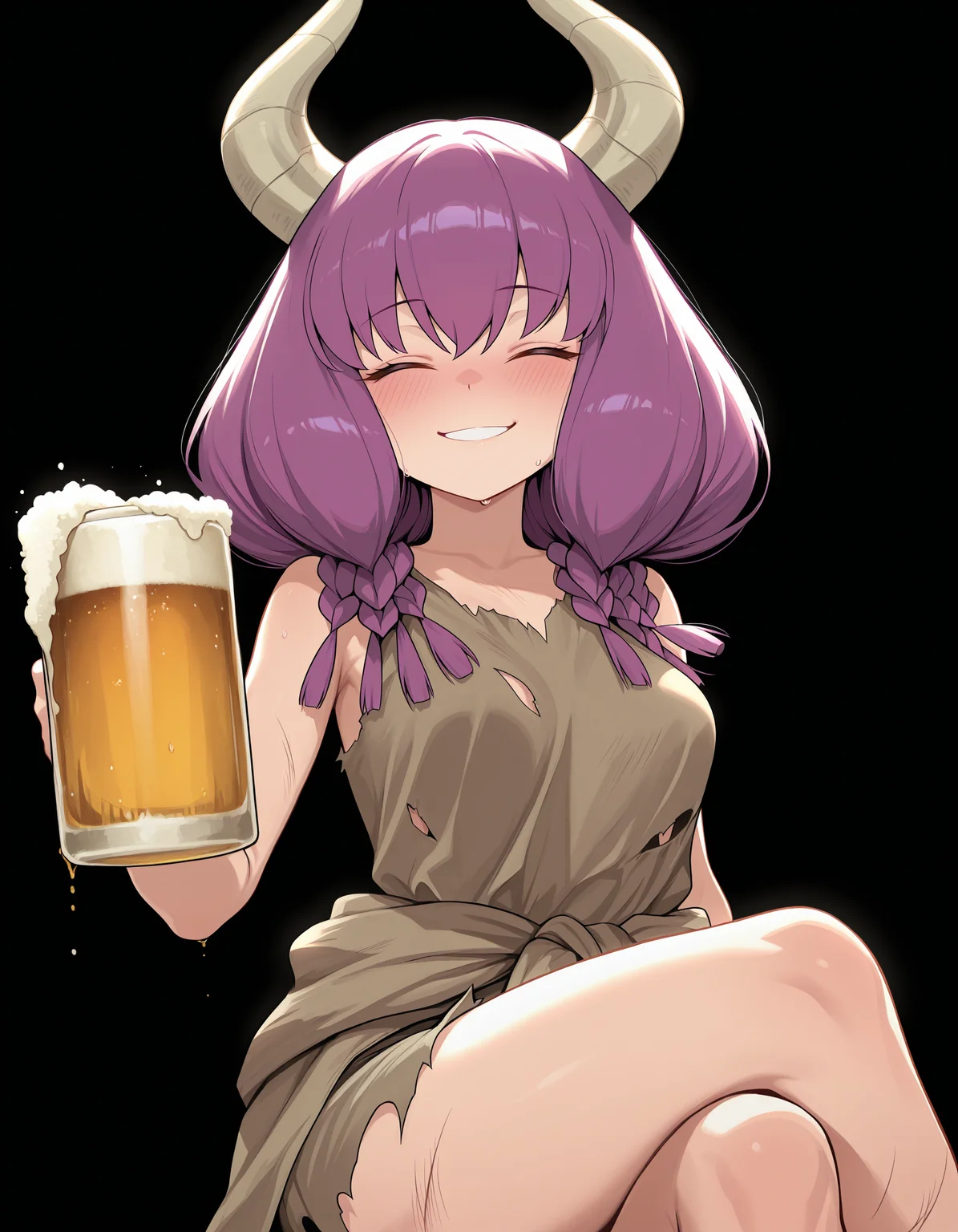 <lora:Aura:1>aur4, demon horns, demon girl, braid, multiple braids, purple hair, low-braided long hair, 
sleeveless, rags, torn clothes, crossed legs, holding one beer mug, blush, closed eyes, smile, 
(solid black background:1.4), simple background,, masterpiece, best quality, amazing quality
