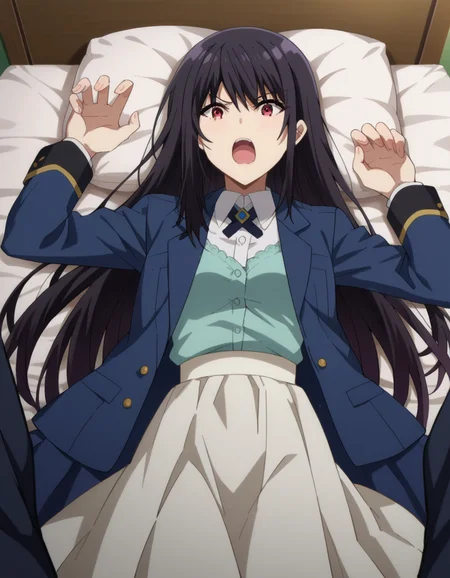 score_9, score_8_up, score_7_up, source_anime,
clairekagenou, <lora:claire-kagenou-ponyxl-lora-nochekaiser:1>,
claire kagenou, long hair, black hair, red eyes,
shirt, jacket, blazer, skirt, white skirt,
indoors, bed, bed room, on back, arm support, arms up, incoming hug, pov, reaching, reaching towards viewer,
looking at viewer, dutch angle,