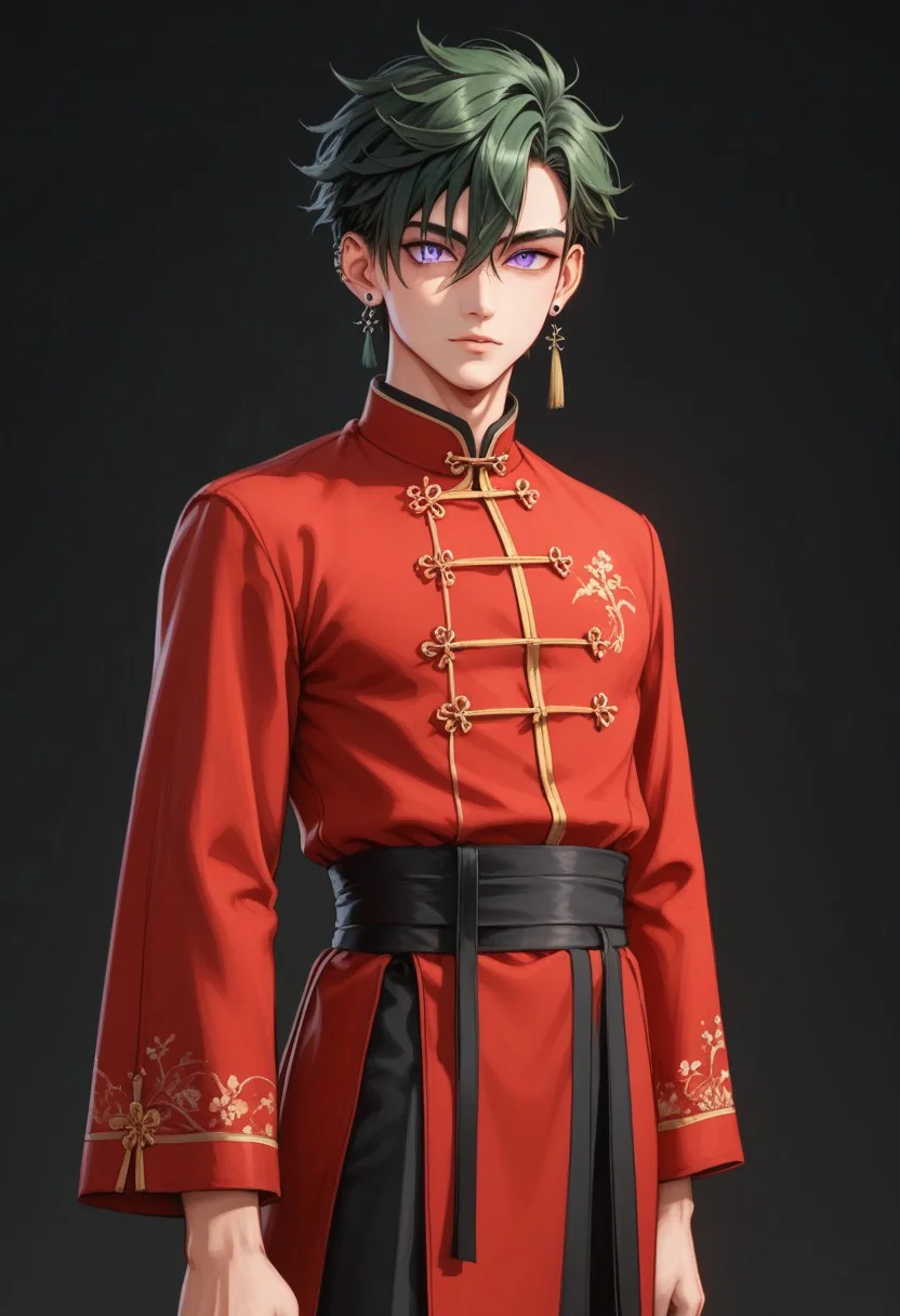 score_9, score_8_up, score_7_up, rating safe, 8k portrait, 1 boy,solo, full body, cowboy_shot, male focus, AntherimA, purple eyes, slit pupils, dark green hair, hair between eyes, asymmetrical hair parting, light_red_eyeshadow, ((1_earstud_left_side)), 20 years old, mianguan, chinese_royal, dynamic pose, chinese_clothing, red clothing, black waistband, long flowing fabrics, black layered clothing,arms in front of , black nail varnish, highly detailed, professional photography, masterpiece, (finely detailed beautiful eyes: 1.2), hdr, black_background