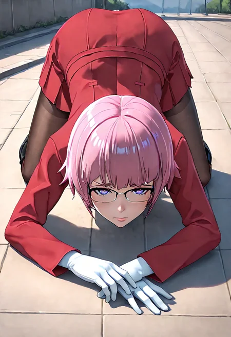 <lora:sdxl_lightning_8step_lora:1> <lora:Fixhands_anime_bdsqlsz_V1:1>score_9, score_8_up, score_7_up, source_anime, intricate details, perfect anatomy BREAK
1girl, solo, gis-esakipurin, pink hair, short hair, purple eyes, black-framed eyewear, red coat, white gloves, gis-esakipurin outfit, brown pantyhose, black boots,
upskirt, top-down bottom-up, Sad, downturned mouth, drooping eyelids, and furrowed brow., outdoors,
<lora:gis-esakipurin_XL(pony)fix:0.9>