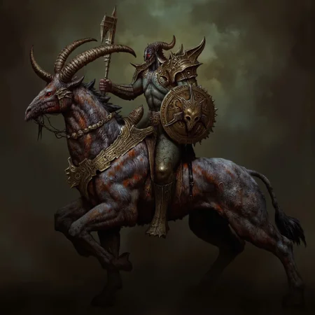 first person pov, 3D01S, simple background atmospheric and powerful dark fantasy, natural organic and first person pov of a berserk style
a fearsome centaur, Slaughtaur, a grotesque fusion of man and beast from the Hexen universe. The centaur has a hulking, muscular human torso that merges into a four-legged beastly lower body. Its upper body is covered in jagged, battle-worn armor, with broad spiked pauldrons curving outward like horns. Its helmet, sharp and angular, hides its face, but glowing red eyes peer through a skull-like visor. One arm wields a massive spiked shield with a grimacing demonic face, while the other clutches a brutal, notched sword, its edge dripping blood.
The Slaughtaur’s centaur lower body is muscular and armored, with dark fur patches and metal plating that follow its powerful frame. Its legs end in clawed hooves, cracking the ground with every step. Jagged ridges run along its back, highlighting its predatory form. Scars cut across its torso, visible through the cracks in its armor. The circular, serrated shield looks like it could also serve as a deadly weapon, further emphasizing the Slaughtaur's terrifying presence.
UHD letterboxed game trailer frame chromatic aberration dark atmosphere sharp masterpiece with a focus on the character, elden ring style, dark atmosphere, chromatic aberration