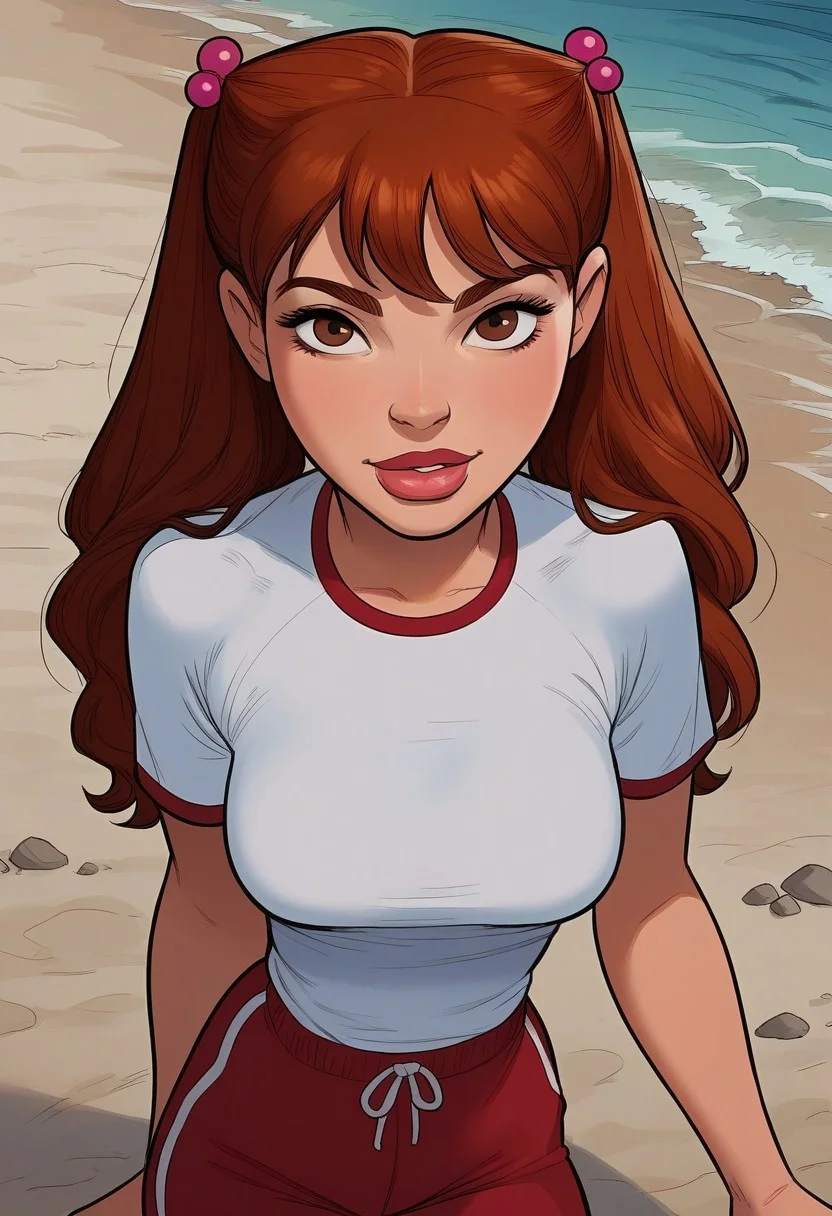 masterpiece,best quality, highly detailed, score_9, score_8_up, score_7_up, score_6_up,source_cartoon, red hair, thick lips, 1girl, long hair, hair bobbles, twintails, brown eyes, 20yo, ocean beach background, sexy expression, looking at viewer, gym clothes, red shorts, white t-shirt,