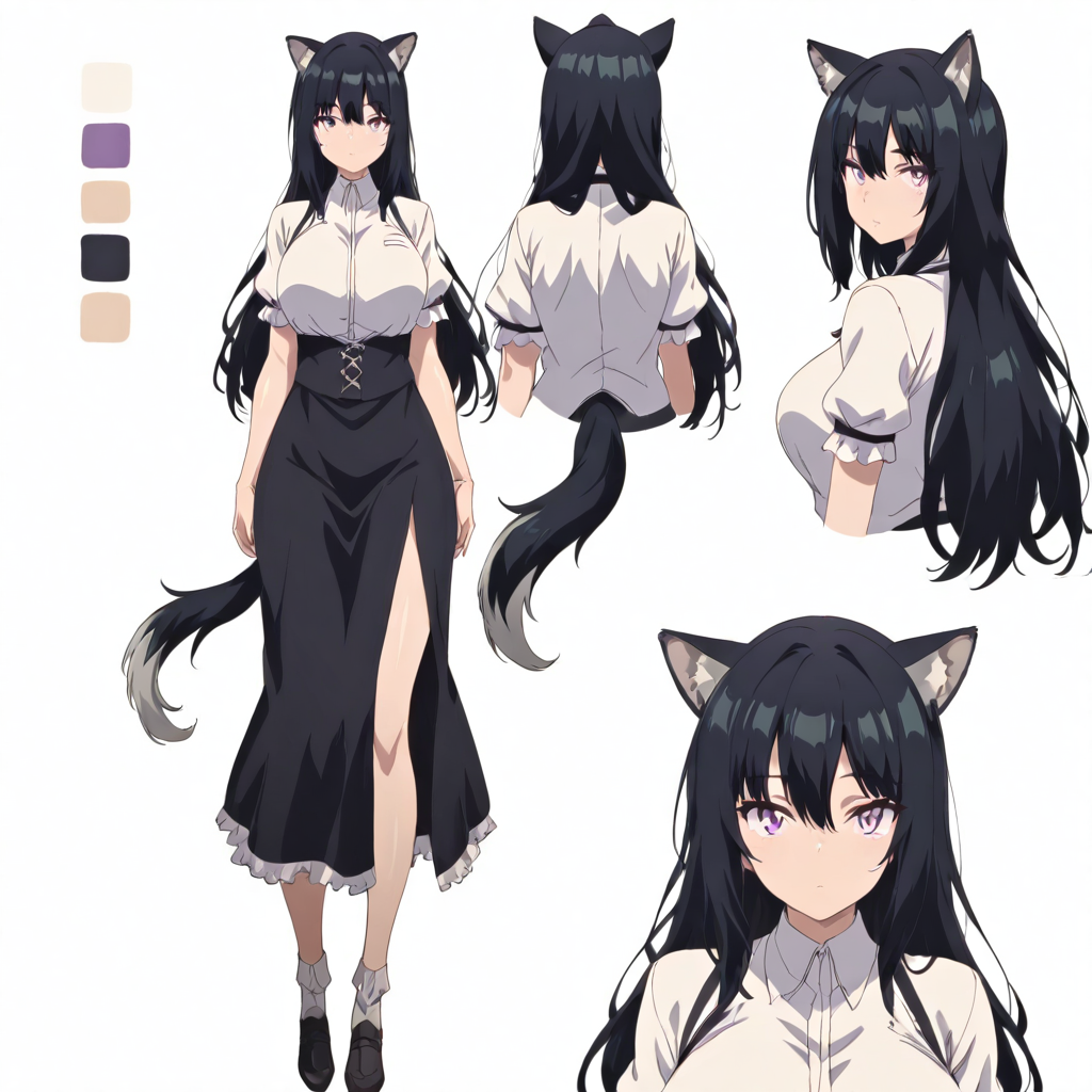 solo,anime coloring,looking at viewer,masterpiece,high score,great score,absurdres,<lora:Mira ag4o:0.8> mirachar, black hair, long hair, animal ears, purple eyes,white shirt,tail,black skirt,<lora:character_Sheet_XL:1> character sheet, multiple views,