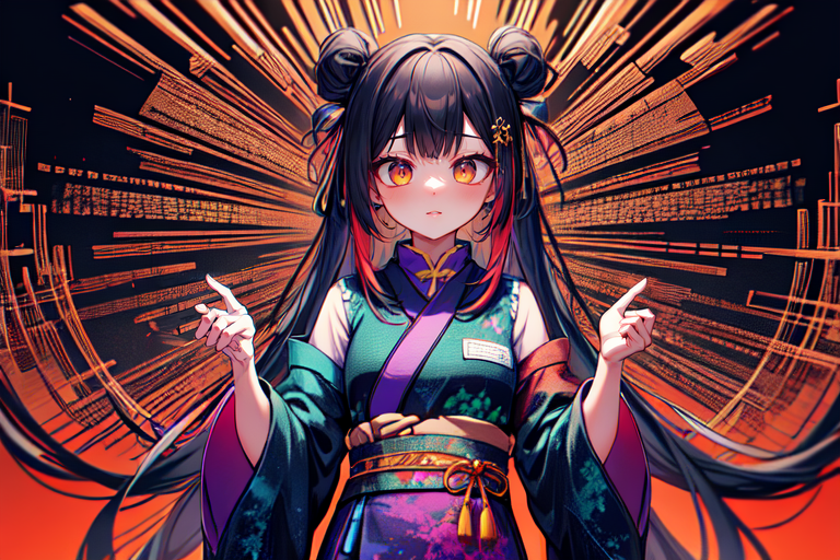 highly insanely detailed, masterpiece, top quality, best quality, highres, 4k, 8k, RAW photo, (very aesthetic, beautiful and aesthetic),  
(code_style,codestyle),english text,traditional chinese text,japanese text, 
<lora:CodeStyle (half generic class)_564920:0.6>, 
(1girl:1.3), 1other, 
neon orange background,neon purple background,(EPtiedyeworld,tie-dye color background,colour sequence background),âââ