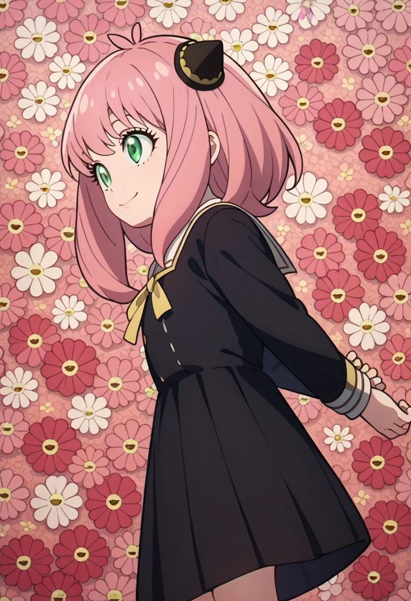 score_9,
score_8_up,
score_7_up,
score_6_up,
1girl,
solo,
anya_(spy_x_family) ,
anya forger, bangs, green eyes, pink hair, ahoge, hair ornament, hairpods, child, female child,
long sleeves, dress, school uniform, socks, black dress, eden academy school uniform,
hands behind,
arms behind back,
light smile,
from side,
from below,
standing,
sleeping,
multicolor,
flat color,
no lineart,
flower,
flower background,