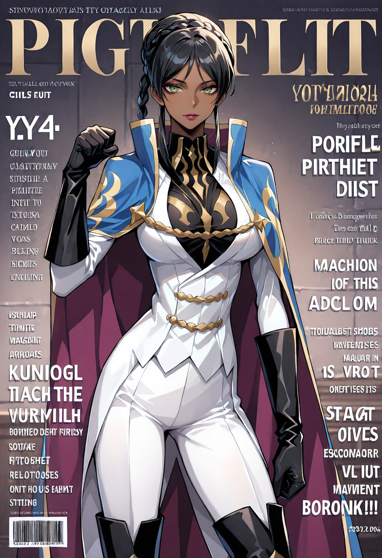 <lora:add-detail-xl:1>,masterpiece,best quality,absurdres,highres,detailed eyes,beautiful,detailed background,perfect eyes,realistic,
<lora:magazine-cover-illustriousxl-lora-nochekaiser:1>,magazine cover,fake magazine cover,english text,cover,fake cover,price,cover page,text focus,barcode,dated,cowboy shot,fighting pose,solo,
<lora:Dorothea_Ernst:1>,Dorothea_Ernst,1girl,dark skin,gloves,boots,black hair,dark-skinned female,green eyes,cape,black gloves,breasts,uniform,black footwear,pants,knee boots,large breasts,braid,military uniform,short hair,military,white pants,makeup,lipstick,formal,hair bun,