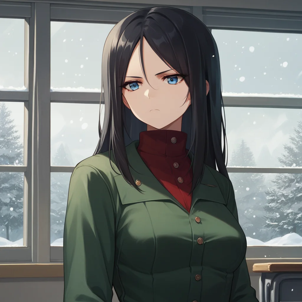 <lora:Nonna - Girls Und Panzer-000090:1>, NonnaGuP, 1girl, solo, blue eyes, long hair, black hair, medium breasts, upper body, PravdaUniform, green jacket, red shirt, turtleneck, long sleeves, serious, classroom, window, sky, winter, snowing, indoors, score_9, score_8_up, score_7_up, score_6_up,