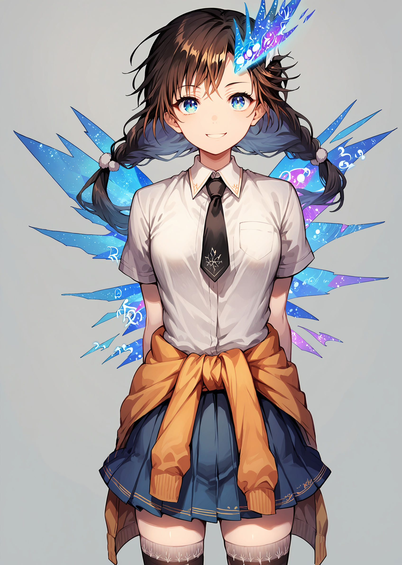 (score_9, score_8_up, score_7_up), BREAK source_anime, 1girl, solo, rirei \(fairy chord\), rirei \(fairy wings\), rirei \(hair ornament\), rirei \(clothes around waist\), black necktie, smile, thighhighs, arms behind back, looking at viewer, facing viewer, standing, cowboy shot, simple background,  <lora:rirei_pony_ver1:0.9>