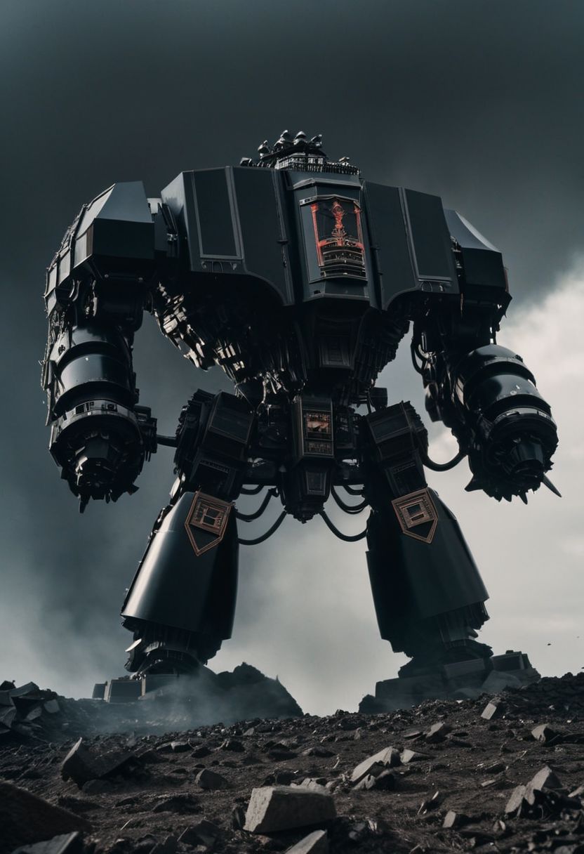 A four-meter tall looming obsidian drdnght machine, captured in a low-angle shot reminiscent of epic heroics, the scene framed through the lens of a vintage 35mm film camera, evoking a sense of timeless valor amidst the chaos of battle.