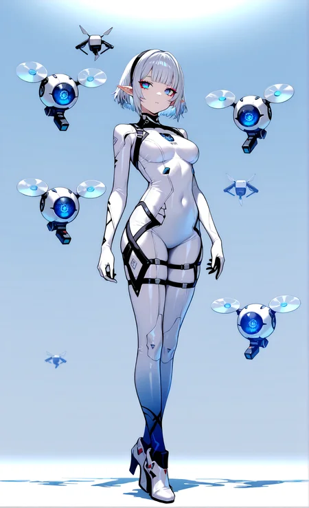 masterpiece, sharp detail, intricate detail, 1girl, pointy ears, gradient blue eyes, detailed eyes, short hair, silver hair, black hairband, medium breasts, white bodysuit, white high heels, blunt bangs, full body, red eyeliner, <lora:Improved Anime Drones:1> drone,