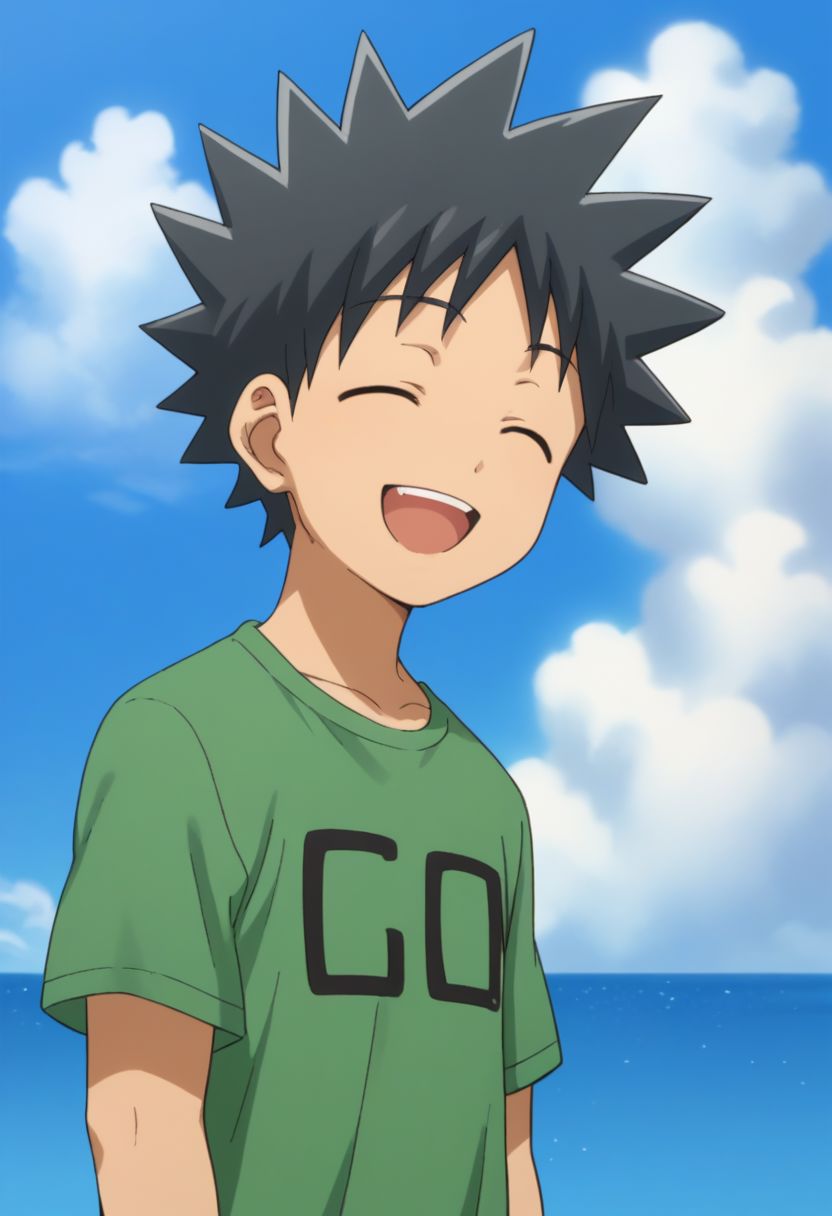 score_9, score_8_up, score_7_up, source_anime, highly detailed, cute,
takeru, 1boy, male focus, solo, black hair, sky, open mouth, smile, spiked hair, closed eyes, day, blue sky, cloud, shirt, pants, upper body,
outdoor,